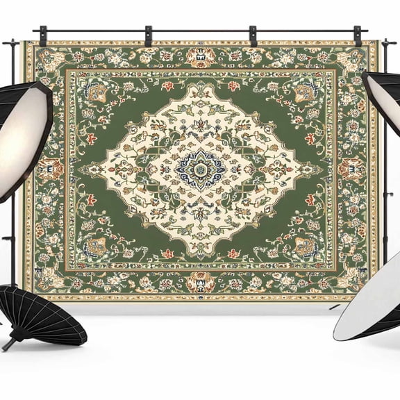 7x5ft Photo Backdrop, Green Boho Soft Polyester Backdrop Curtains Photography Backdrops, Chic Traditional Antique Geometric Rustic Brushed Background for Photoshoots Studio Video Portrait Parties
