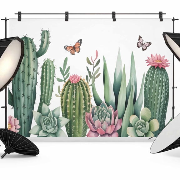7x5ft Photo Backdrop, Green Cactus Soft Polyester Backdrop Curtains Photography Backdrops, Tropical Summer Botanical Watercolor Brushed Background for Photoshoots Studio Video Portrait Parties