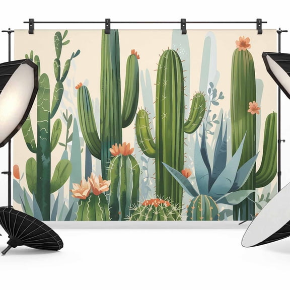 7x5ft Photo Backdrop, Green Cactus Soft Polyester Backdrop Curtains Photography Backdrops, Watercolor Summer Botanical Beige Brushed Background for Photoshoots Studio Video Portrait Parties