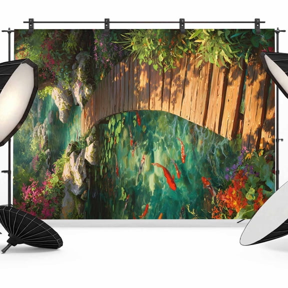 7x5ft Photo Backdrop, Green Forest Creek Bridge Soft Polyester Backdrop Curtains Photography Backdrops, Spring Floral Botanical Brushed Background for Photoshoots Studio Video Portrait Parties