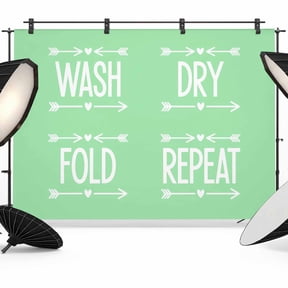 7x5ft Photo Backdrop, Green Laundry Soft Polyester Backdrop Curtains Photography Backdrops, Wash Dry Fold Repeat Minimalist Text Brushed Background for Photoshoots Studio Video Portrait Parties
