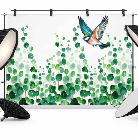 7x5ft Photo Backdrop, Green Leaves Soft Polyester Backdrop Curtains Photography Backdrops, Spring Plants Country Bird Gradient Botanical Brushed Background for Photoshoots Studio Video Portrait Party
