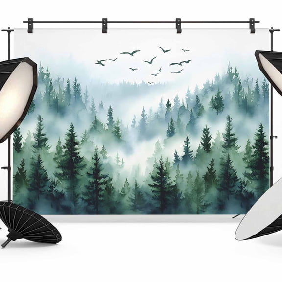 7x5ft Photo Backdrop, Green Ombre Mountain Soft Polyester Backdrop Curtains Photography Backdrops, Watercolor Forest Brushed Background for Photoshoots Studio Video Portrait Parties