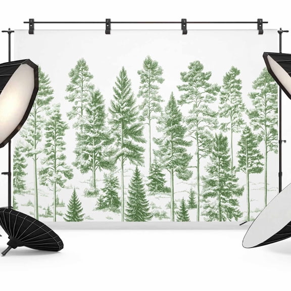 7x5ft Photo Backdrop, Green Pine Tree Soft Polyester Backdrop Curtains Photography Backdrops, Vintage Watercolor Botanical Brushed Background for Photoshoots Studio Video Portrait Parties