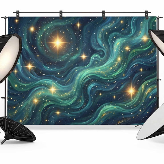 7x5ft Photo Backdrop, Green Starry Sky Soft Polyester Backdrop Curtains Photography Backdrops, Golden Stars Fantasy Cosmos Brushed Background for Photoshoots Studio Video Portrait Parties