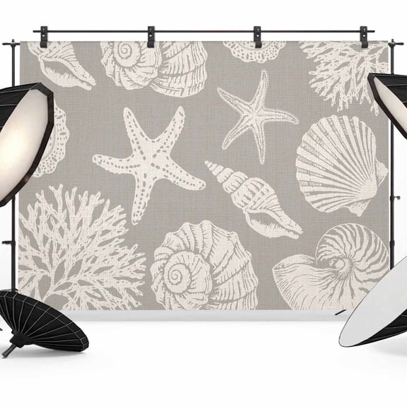7x5ft Photo Backdrop, Grey Starfish Coastal Soft Polyester Backdrop Curtains Photography Backdrops, Shell Coral Summer Beach Nautical Ocean Brushed Background for Photoshoots Studio Video Portrait