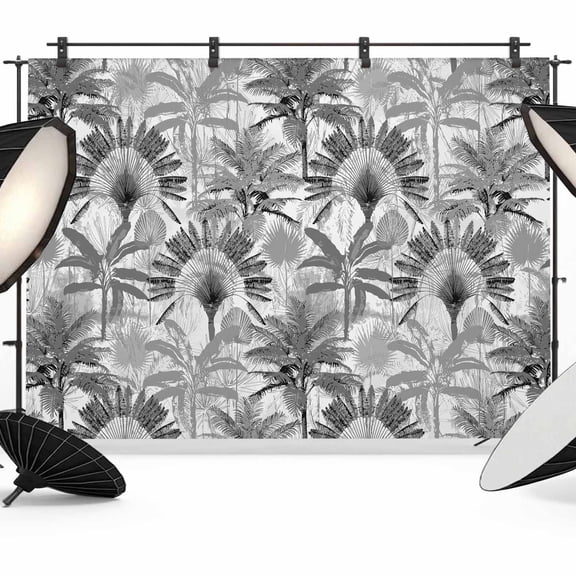 7x5ft Photo Backdrop, Grey Tropical Leaves Soft Polyester Backdrop Curtains Photography Backdrops, Summer Palm Trees Botanical Brushed Background for Photoshoots Studio Video Portrait Parties