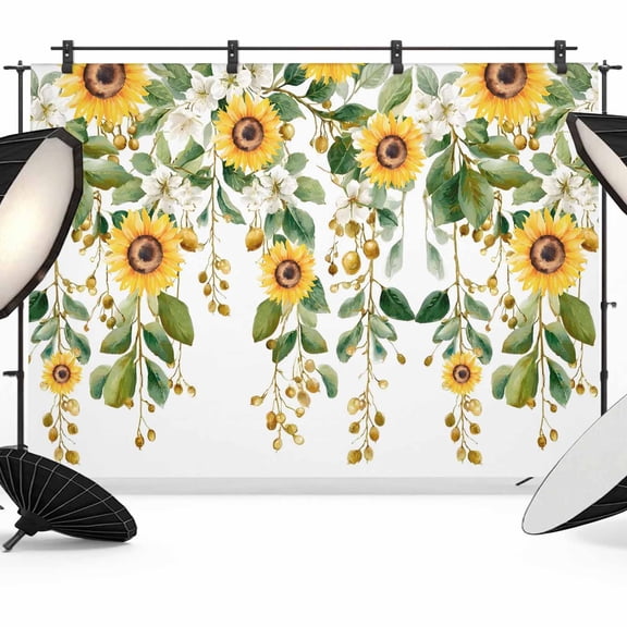 7x5ft Photo Backdrop, Hanging Floral Soft Polyester Backdrop Curtains Photography Backdrops, Spring Botanical Sunflower Green Leaves Brushed Background for Photoshoots Studio Video Portrait Parties