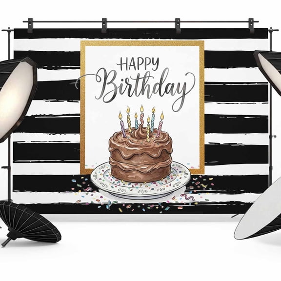 7x5ft Photo Backdrop, Happy Birthday Soft Polyester Backdrop Curtains Photography Backdrops, Brown Chocolate Cake Candles Farmhouse Plaid Brushed Background for Photoshoots Studio Video Portrait