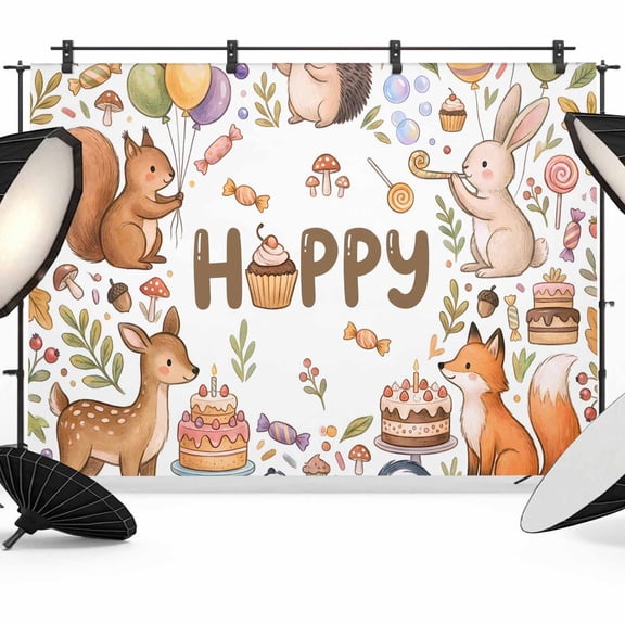 7x5ft Photo Backdrop, Happy Birthday Soft Polyester Backdrop Curtains Photography Backdrops, Forest Hedgehog Rabbit Deer Cake Leaves Brushed Background for Photoshoots Studio Video Portrait Parties