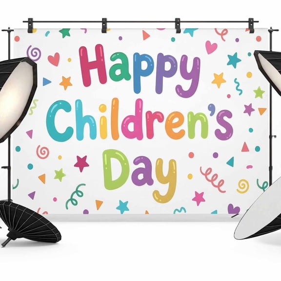 7x5ft Photo Backdrop, Happy Children's Day Soft Polyester Backdrop Curtains Photography Backdrops, Modern Ribbons Stars Love Hearts Brushed Background for Photoshoots Studio Video Portrait Parties