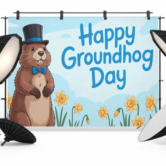 7x5ft Photo Backdrop, Happy Groundhog Day Soft Polyester Backdrop Curtains Photography Backdrops, Cartoon Cute Ground Hog Flowers Sky Blue Brushed Background for Photoshoots Studio Portrait Parties