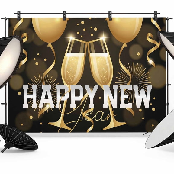 7x5ft Photo Backdrop, Happy New Year Soft Polyester Backdrop Curtains Photography Backdrops, Yellow Balloons Champagne Ribbon Fireworks Brushed Background for Photoshoots Studio Video Portrait Party