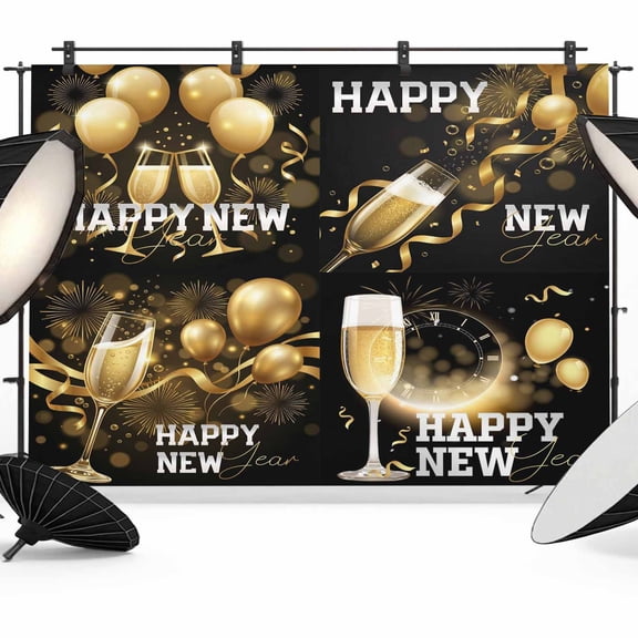 7x5ft Photo Backdrop, Happy New Year Soft Polyester Backdrop Curtains Photography Backdrops, Yellow Champagne Balloons Ribbon Luxury Brushed Background for Photoshoots Studio Video Portrait Parties