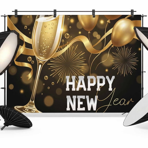 7x5ft Photo Backdrop, Happy New Year Soft Polyester Backdrop Curtains Photography Backdrops, Yellow Champagne Balloons Ribbons Luxury Brushed Background for Photoshoots Studio Video Portrait Parties