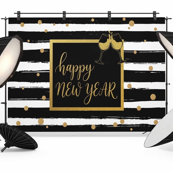 7x5ft Photo Backdrop, Happy New Year Soft Polyester Backdrop Curtains Photography Backdrops, Yellow Champagne Polka Dot White Black Stripes Brushed Background for Photoshoots Studio Video Portrait