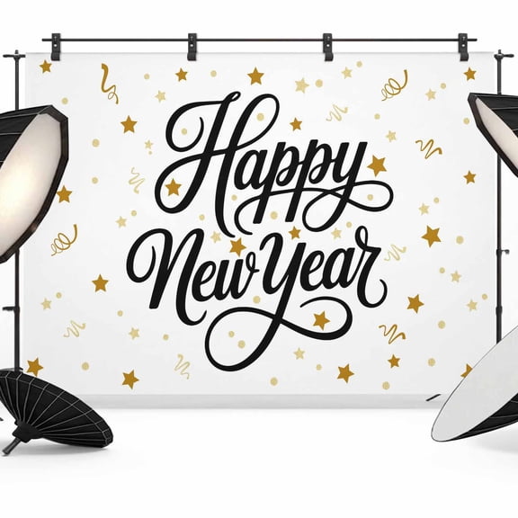 7x5ft Photo Backdrop, Happy New Years Soft Polyester Backdrop Curtains Photography Backdrops, Winter Holiday Yellow Stars Ribbons Brushed Background for Photoshoots Studio Video Portrait Parties