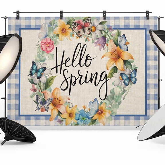 7x5ft Photo Backdrop, Hello Spring Soft Polyester Backdrop Curtains Photography Backdrops, Farmhouse Floral Eucalyptus Wood Plaid Burlap Brushed Background for Photoshoots Studio Portrait Parties