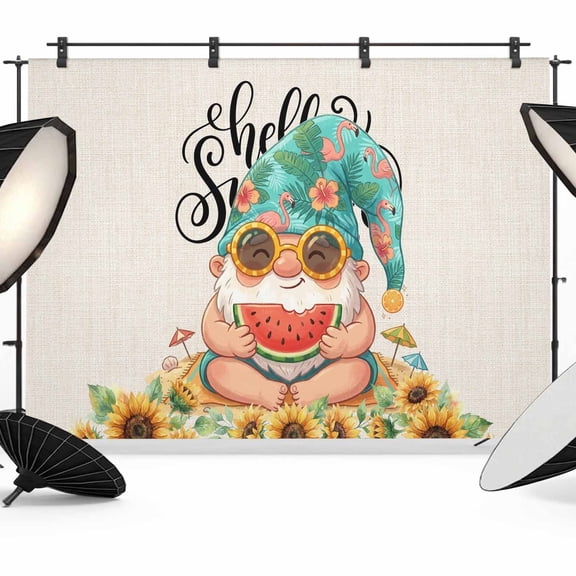 7x5ft Photo Backdrop, Hello Summer Soft Polyester Backdrop Curtains Photography Backdrops, Cute Gnomes Watermolen Sunflowers Tropical Plants Brushed Background for Photoshoots Studio Video Portrait