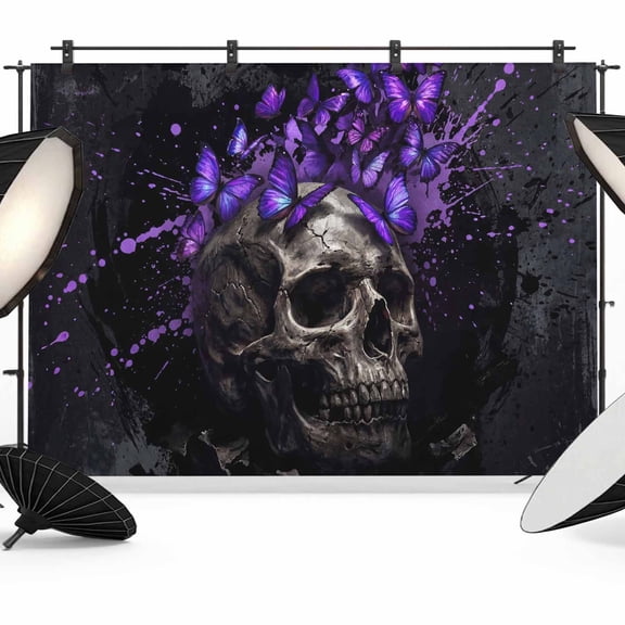 7x5ft Photo Backdrop, Horror Human Skull Soft Polyester Backdrop Curtains Photography Backdrops, Scary Purple Butterfly Skeleton Black Brushed Background for Photoshoots Studio Video Portrait Parties