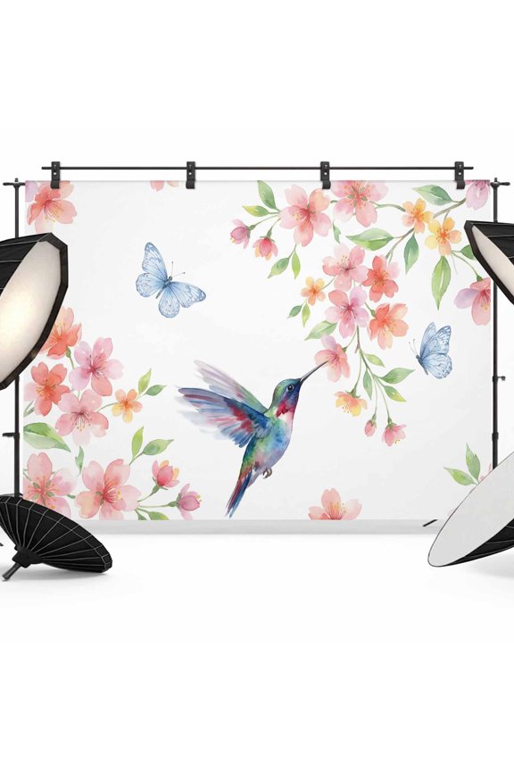 7x5ft Photo Backdrop, Hummingbird Butterflies Soft Polyester Backdrop Curtains Photography Backdrops, Spring Cherry Floral Botanical Leaf Brushed Background for Photoshoots Studio Video Portrait