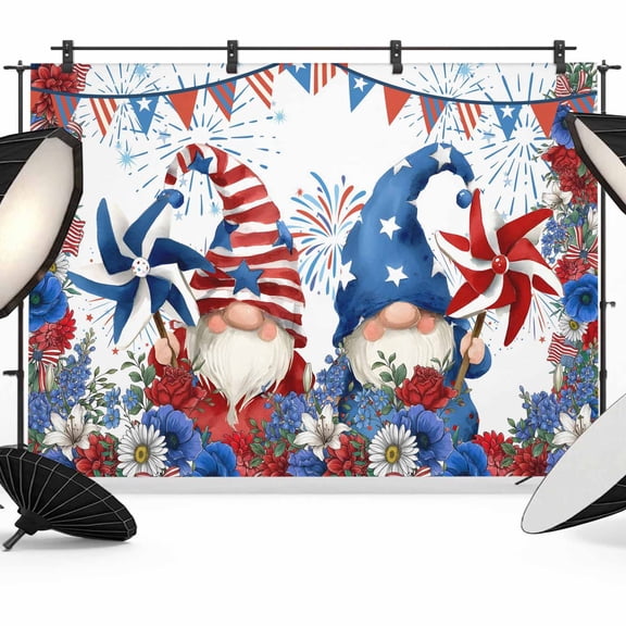 7x5ft Photo Backdrop, Independence Day Gnomes Soft Polyester Backdrop Curtains Photography Backdrops, 4th of July Red Blue Poppy Floral Brushed Background for Photoshoots Studio Video Portrait Party