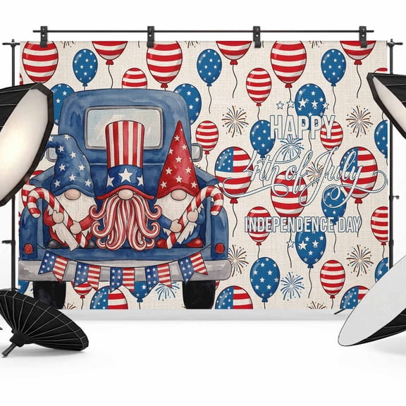 7x5ft Photo Backdrop, Independence Day Gnomes Soft Polyester Backdrop Curtains Photography Backdrops, Blue Truck Balloons Firework Brushed Background for Photoshoots Studio Video Portrait Parties