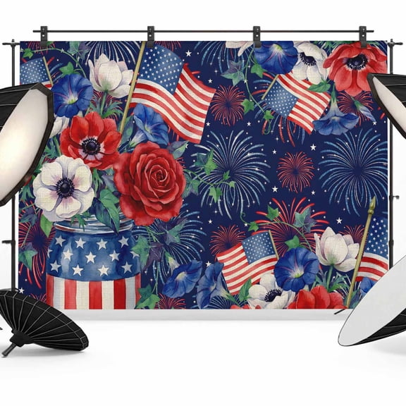 7x5ft Photo Backdrop, Independence Day Soft Polyester Backdrop Curtains Photography Backdrops, 4th of July Red Blue Floral Flag Firework Brushed Background for Photoshoots Studio Video Portrait Party