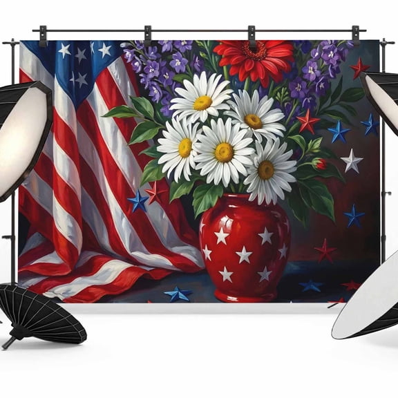 7x5ft Photo Backdrop, Independence Day Soft Polyester Backdrop Curtains Photography Backdrops, 4th of July Red White Daisy USA Flag Brushed Background for Photoshoots Studio Video Portrait Parties