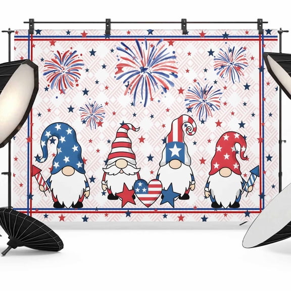 7x5ft Photo Backdrop, Independence Day Soft Polyester Backdrop Curtains Photography Backdrops, Gnomes American Flag Red Blue Firework Stars Brushed Background for Photoshoots Studio Video Portrait