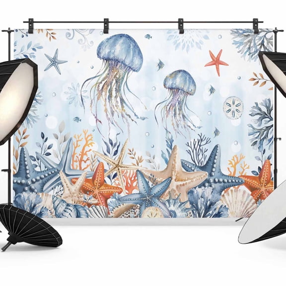 7x5ft Photo Backdrop, Jellyfish Coastal Soft Polyester Backdrop Curtains Photography Backdrops, Summer Beach Blue Ombre Coral Starfish Brushed Background for Photoshoots Studio Video Portrait Parties