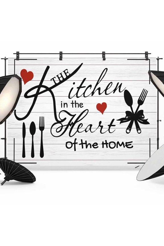 7x5ft Photo Backdrop, Kitchen Tableware Soft Polyester Backdrop Curtains Photography Backdrops, Red Love Heart Black Words Vintage Brushed Background for Photoshoots Studio Video Portrait Parties