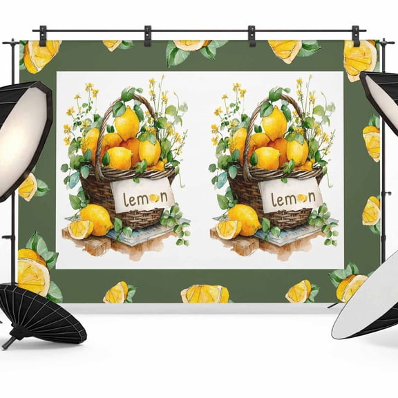 7x5ft Photo Backdrop, Lemon Basket Summer Soft Polyester Backdrop Curtains Photography Backdrops, Farmhouse Green Lace Eucalyptus Brushed Background for Photoshoots Studio Video Portrait Parties