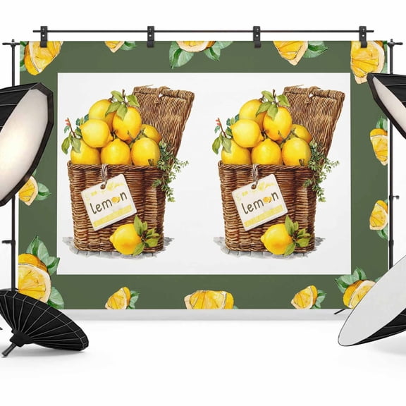 7x5ft Photo Backdrop, Lemon Basket Summer Soft Polyester Backdrop Curtains Photography Backdrops, Farmhouse Vintage Green Lace Brushed Background for Photoshoots Studio Video Portrait Parties