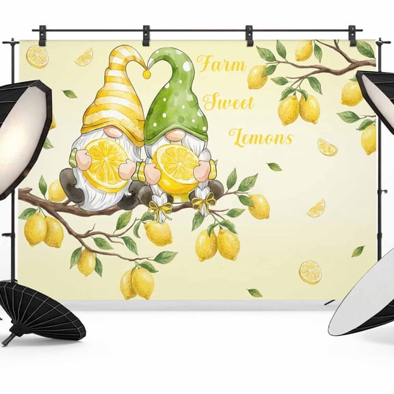 7x5ft Photo Backdrop, Lemon Gnomes Soft Polyester Backdrop Curtains Photography Backdrops, Summer Tropical Fruits Lemon Yellow Brushed Background for Photoshoots Studio Video Portrait Parties