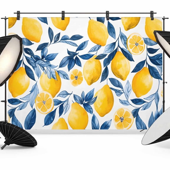 7x5ft Photo Backdrop, Lemon Soft Polyester Backdrop Curtains Photography Backdrops, Watercolor Blue Yellow Branch Summer Spring Brushed Background for Photoshoots Studio Video Portrait Parties