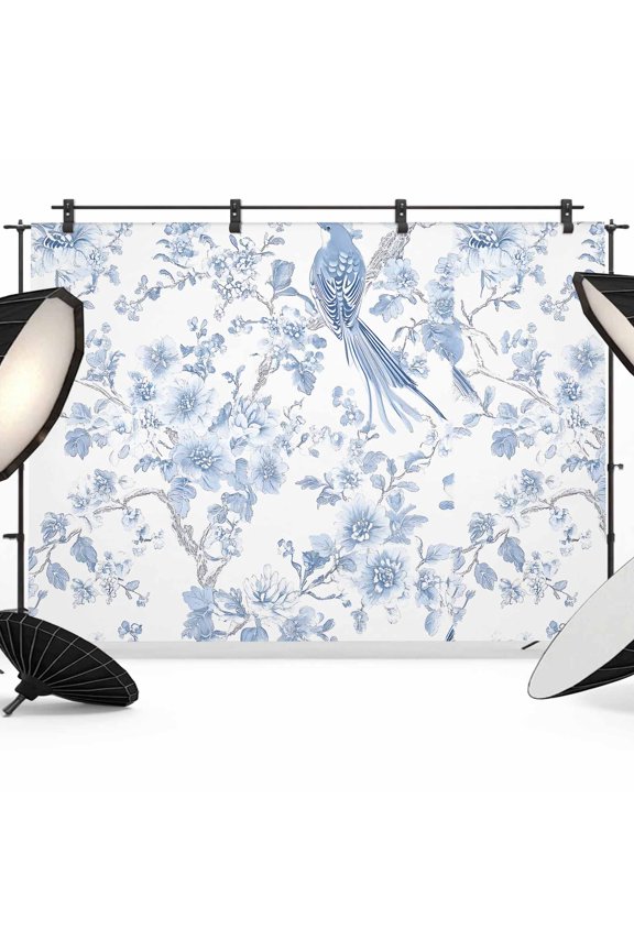 7x5ft Photo Backdrop, Light Blue Flowers Soft Polyester Backdrop Curtains Photography Backdrops, Spring Summer Floral Birds Brushed Background for Photoshoots Studio Video Portrait Parties