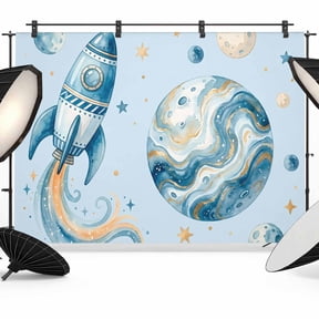 7x5ft Photo Backdrop, Light Blue Space Rocket Soft Polyester Backdrop Curtains Photography Backdrops, Modena Abstract Universe Planet Brushed Background for Photoshoots Studio Video Portrait Parties
