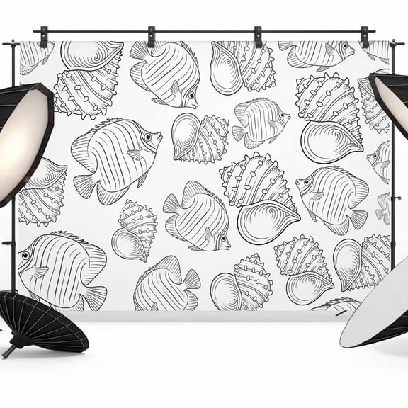 7x5ft Photo Backdrop, Line Drawing Fish Soft Polyester Backdrop Curtains Photography Backdrops, Summer Coastal Nautical Shell Brushed Background for Photoshoots Studio Video Portrait Parties