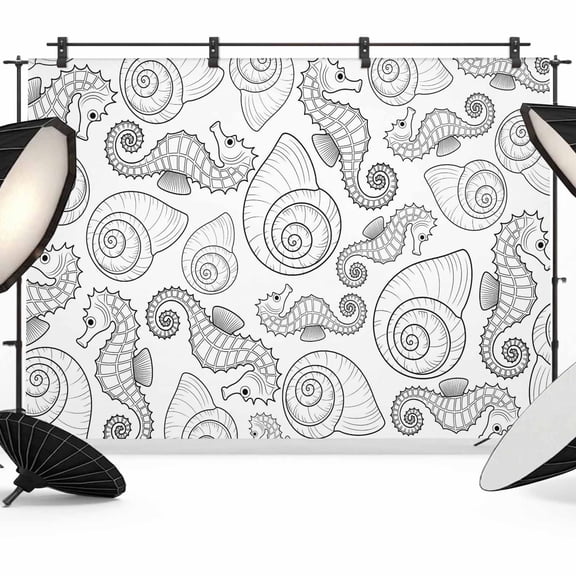 7x5ft Photo Backdrop, Line Drawing Seahorse Soft Polyester Backdrop Curtains Photography Backdrops, Summer Coastal Nautical Shell Brushed Background for Photoshoots Studio Video Portrait Parties