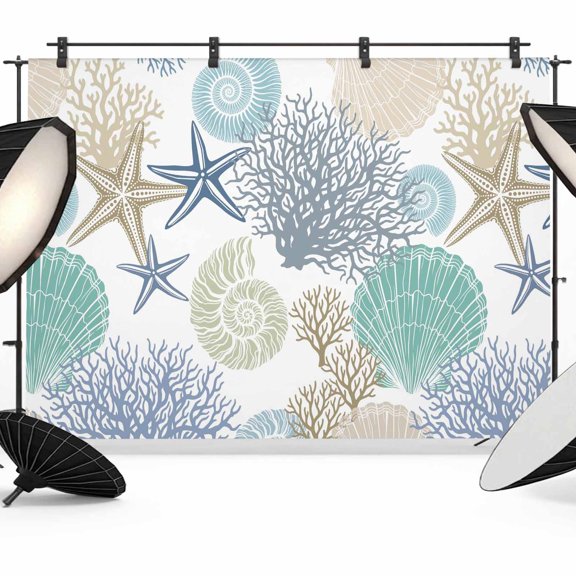 7x5ft Photo Backdrop, Marine Life Soft Polyester Backdrop Curtains Photography Backdrops, Summer Coastal Nautical Coral Conch Seashells Brushed Background for Photoshoots Studio Video Portrait Party