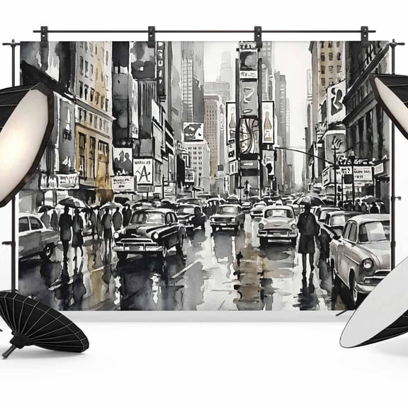 7x5ft Photo Backdrop, Modern Cityscape Soft Polyester Backdrop Curtains Photography Backdrops, Black White Vintage Street City Brushed Background for Photoshoots Studio Video Portrait Parties