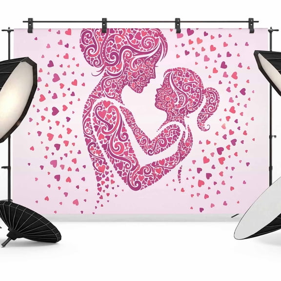 7x5ft Photo Backdrop, Mother's Day Soft Polyester Backdrop Curtains Photography Backdrops, Pink Mom and Daughter Hug Silhouette Love Brushed Background for Photoshoots Studio Video Portrait Parties
