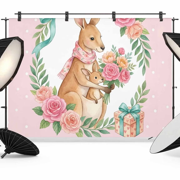 7x5ft Photo Backdrop, Mother's Day Soft Polyester Backdrop Curtains Photography Backdrops, Spring Floral Plants Kangaroo Mom Pink Brushed Background for Photoshoots Studio Video Portrait Parties