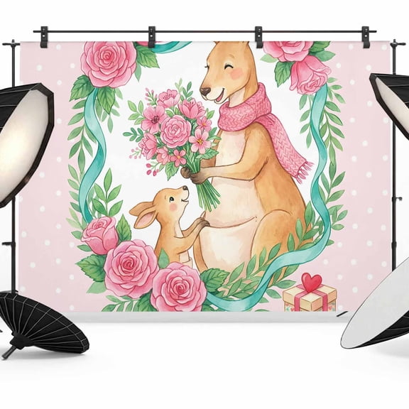 7x5ft Photo Backdrop, Mother's Day Soft Polyester Backdrop Curtains Photography Backdrops, Watercolor Floral Kangaroo Mom and Son Pink Brushed Background for Photoshoots Studio Video Portrait Parties