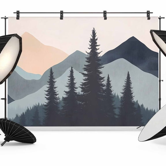 7x5ft Photo Backdrop, Mountain Forest Soft Polyester Backdrop Curtains Photography Backdrops, Nature Tree Scenery Watercolor Pink Blue Brushed Background for Photoshoots Studio Video Portrait Parties