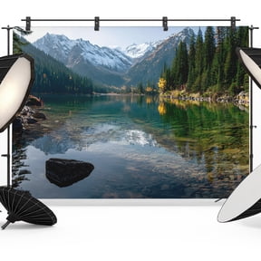 7x5ft Photo Backdrop, Mountain Soft Polyester Backdrop Curtains Photography Backdrops, Nature Green Forest Lake Country Brushed Background for Photoshoots Studio Video Portrait Parties