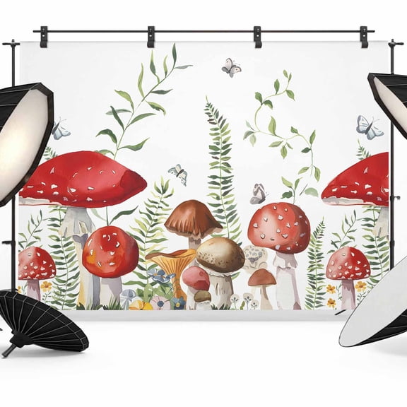 7x5ft Photo Backdrop, Mushrooms Eucalyptus Soft Polyester Backdrop Curtains Photography Backdrops, Sage Green Botanical Butterflies Brushed Background for Photoshoots Studio Video Portrait Parties