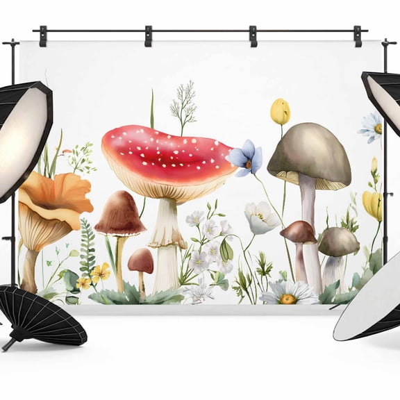 7x5ft Photo Backdrop, Mushrooms Soft Polyester Backdrop Curtains Photography Backdrops, Spring Floral Farmhouse Botanical Watercolor Brushed Background for Photoshoots Studio Video Portrait Parties