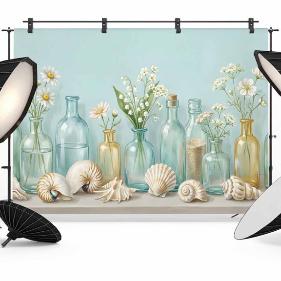 7x5ft Photo Backdrop, Nautical Conch Shell Soft Polyester Backdrop Curtains Photography Backdrops, Sea Glass Bottles Coastal Floral Brushed Background for Photoshoots Studio Video Portrait Parties